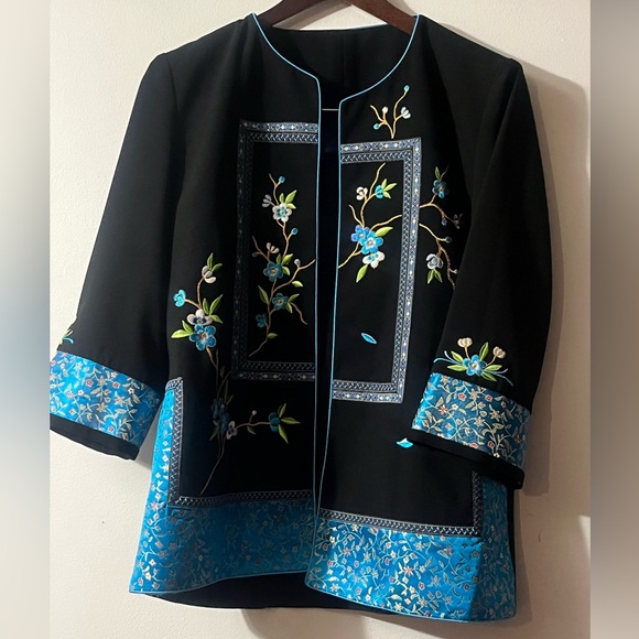 Floral Embroidered Black and Blue Women's Jacket Sz L Women - Picture 3 of 7